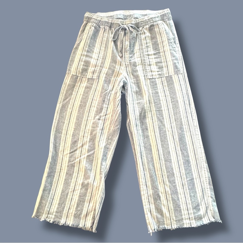 NWOT Gap Size Medium Linen Blend Pull On Blue Stripe Frayed Hem Pants